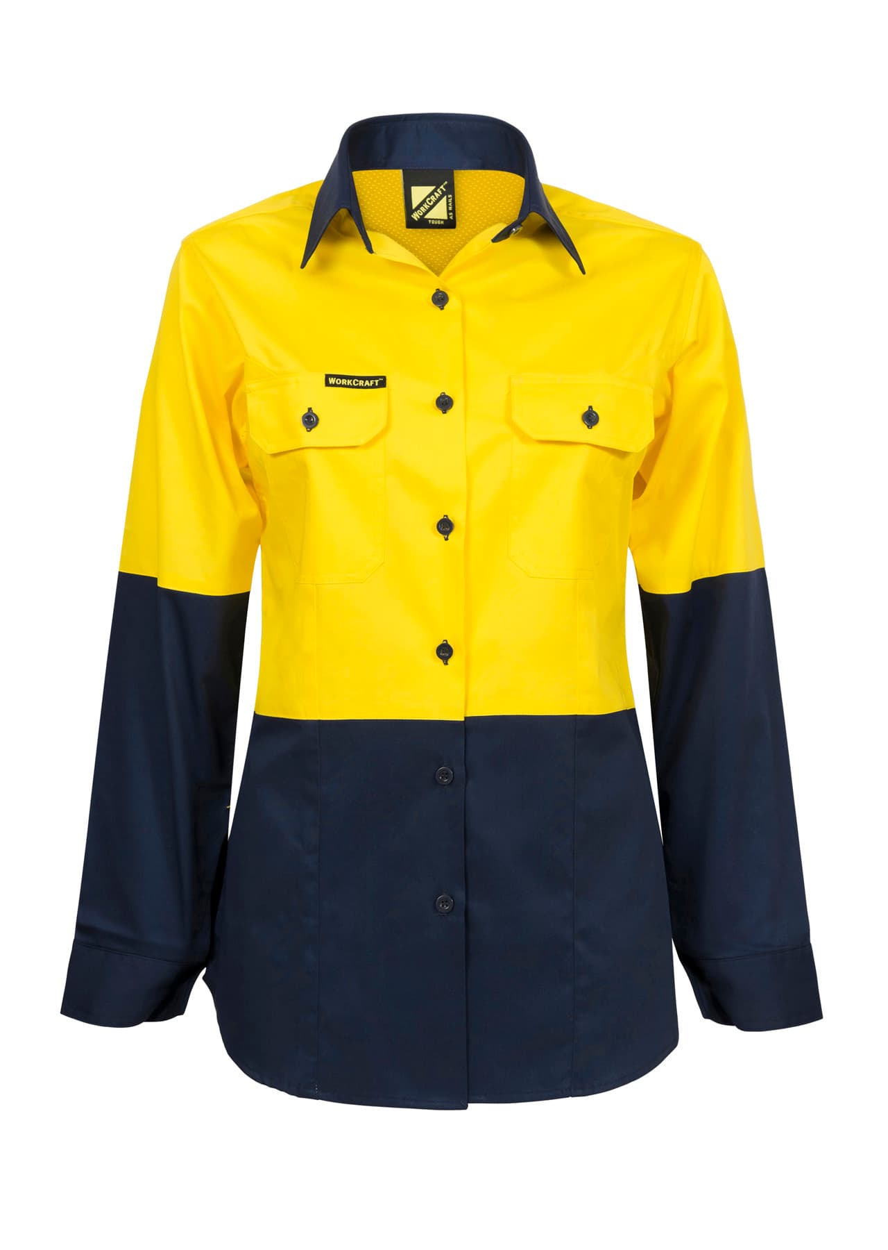 Workcraft Ladies Lightweight Hi Vis Long Sleeve Vented Cotton Drill Shirt (Navy/Yellow)