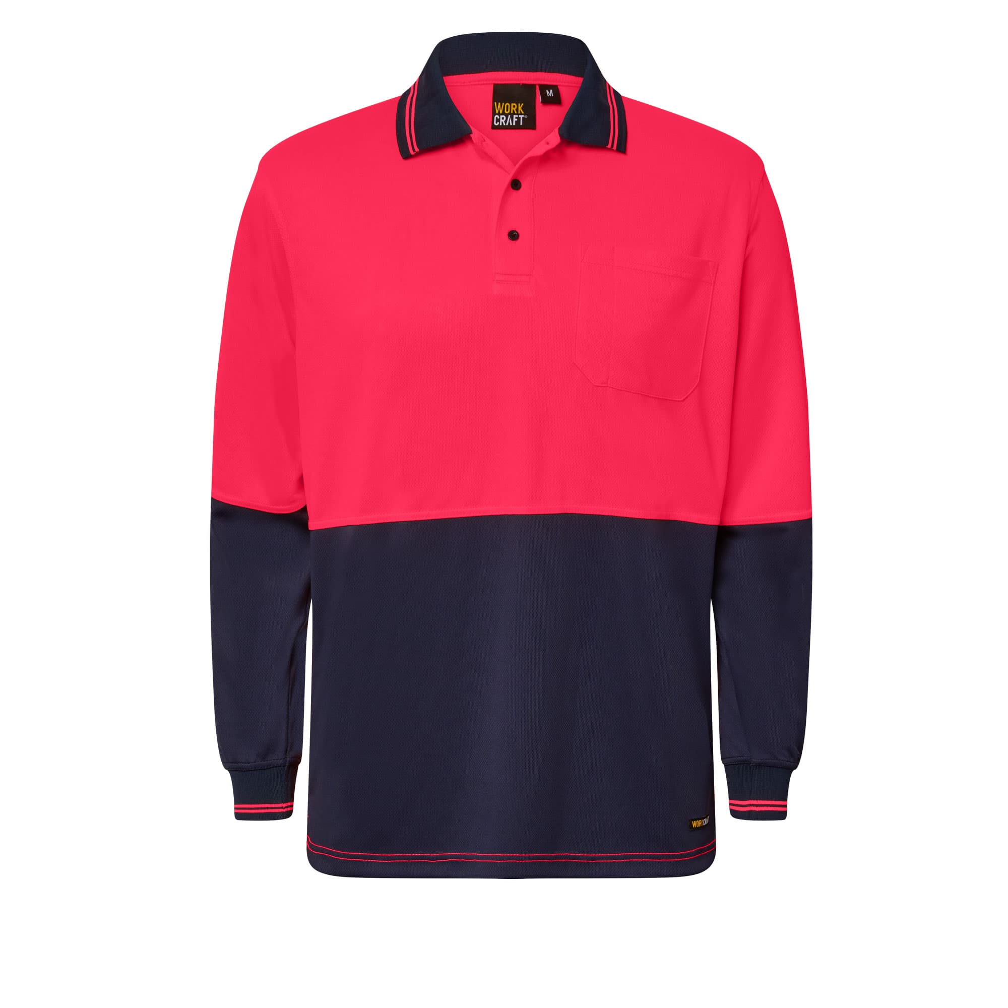 Workcraft Hi Vis Long Sleeve Micromesh Polo With Pocket (Navy/Pink)