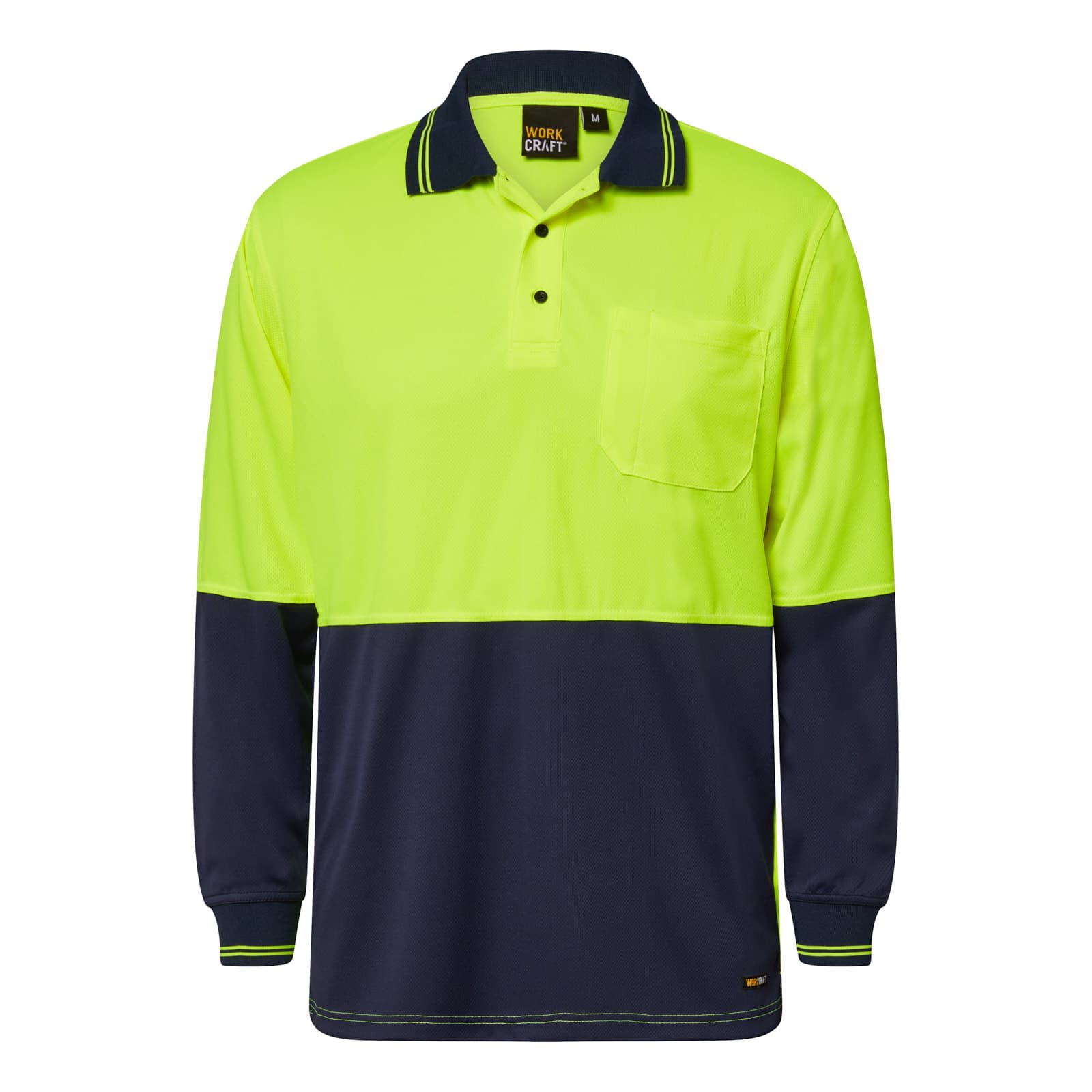 Workcraft Hi Vis Long Sleeve Micromesh Polo With Pocket (Navy/Yellow)