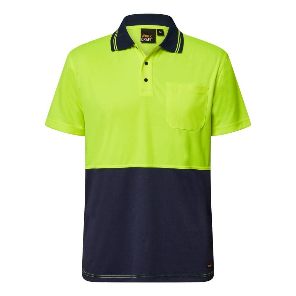 Workcraft Hi Vis Lightweight Short Sleeve Micromesh Polo With Pocket (Navy/Yellow)