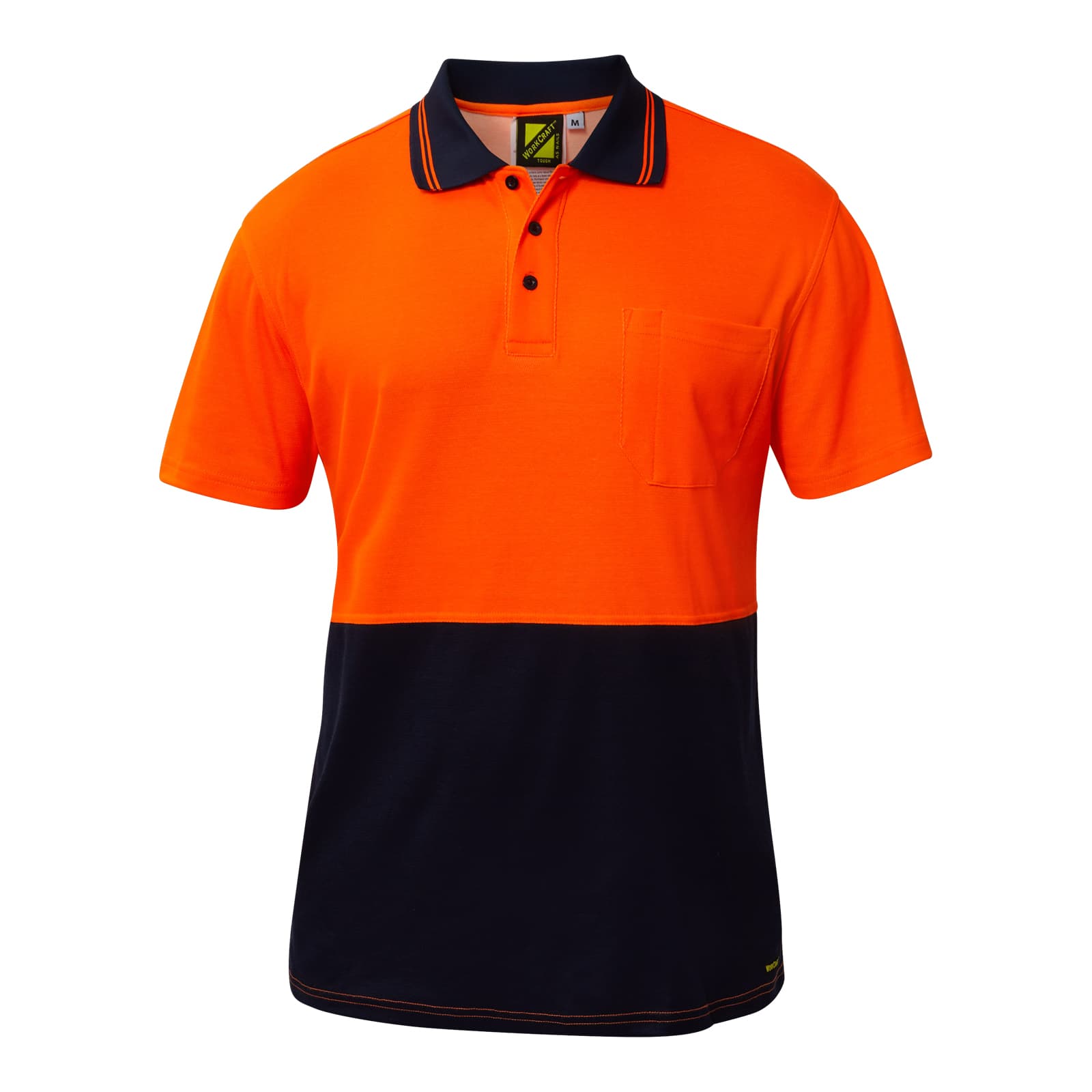 Workcraft Hi Vis Short Sleeve Cotton Back Polo With Pocket (Navy/Orange)