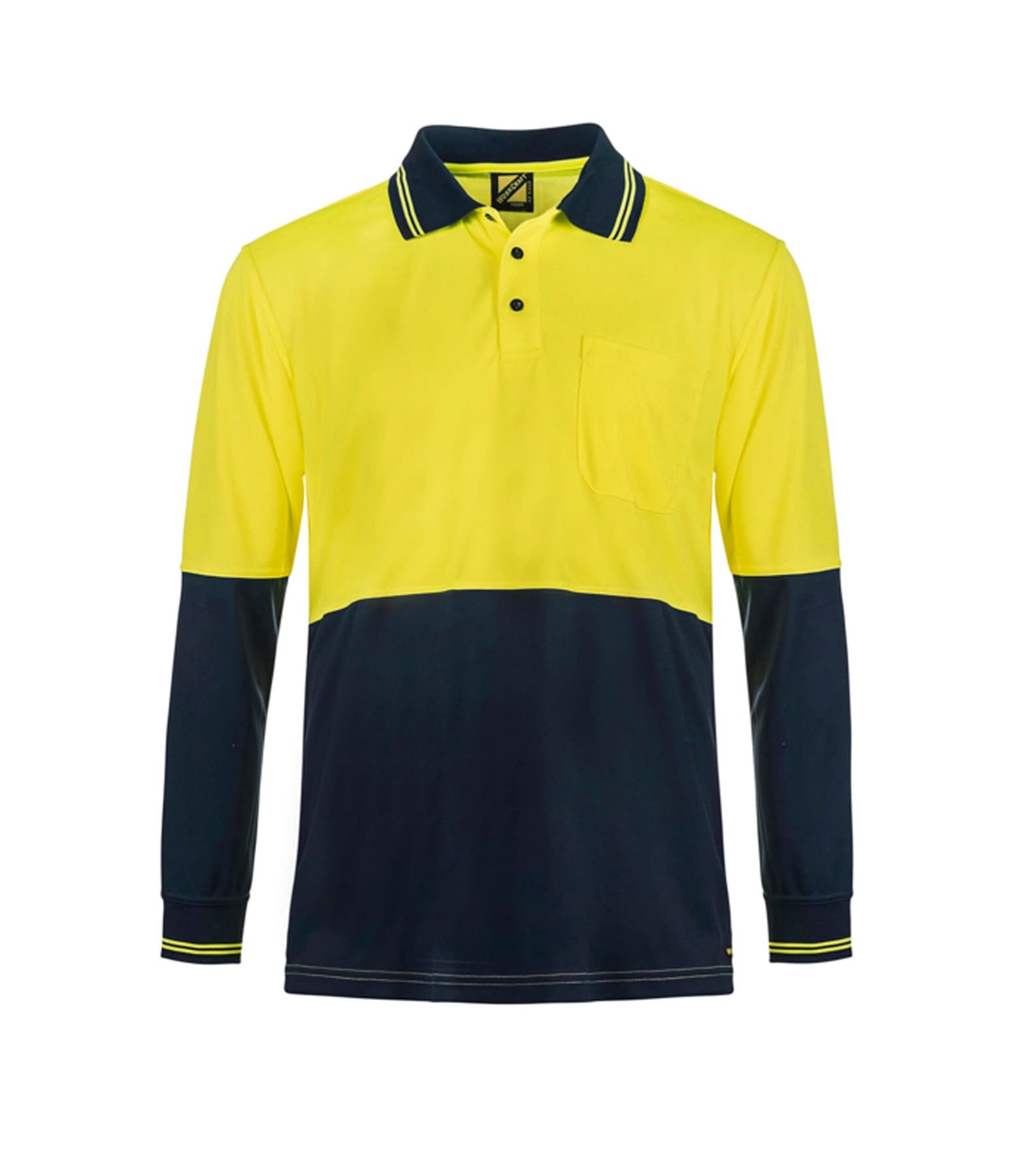 Workcraft Hi Vis Long Sleeve Cotton Back Polo With Pocket (Navy/Yellow)