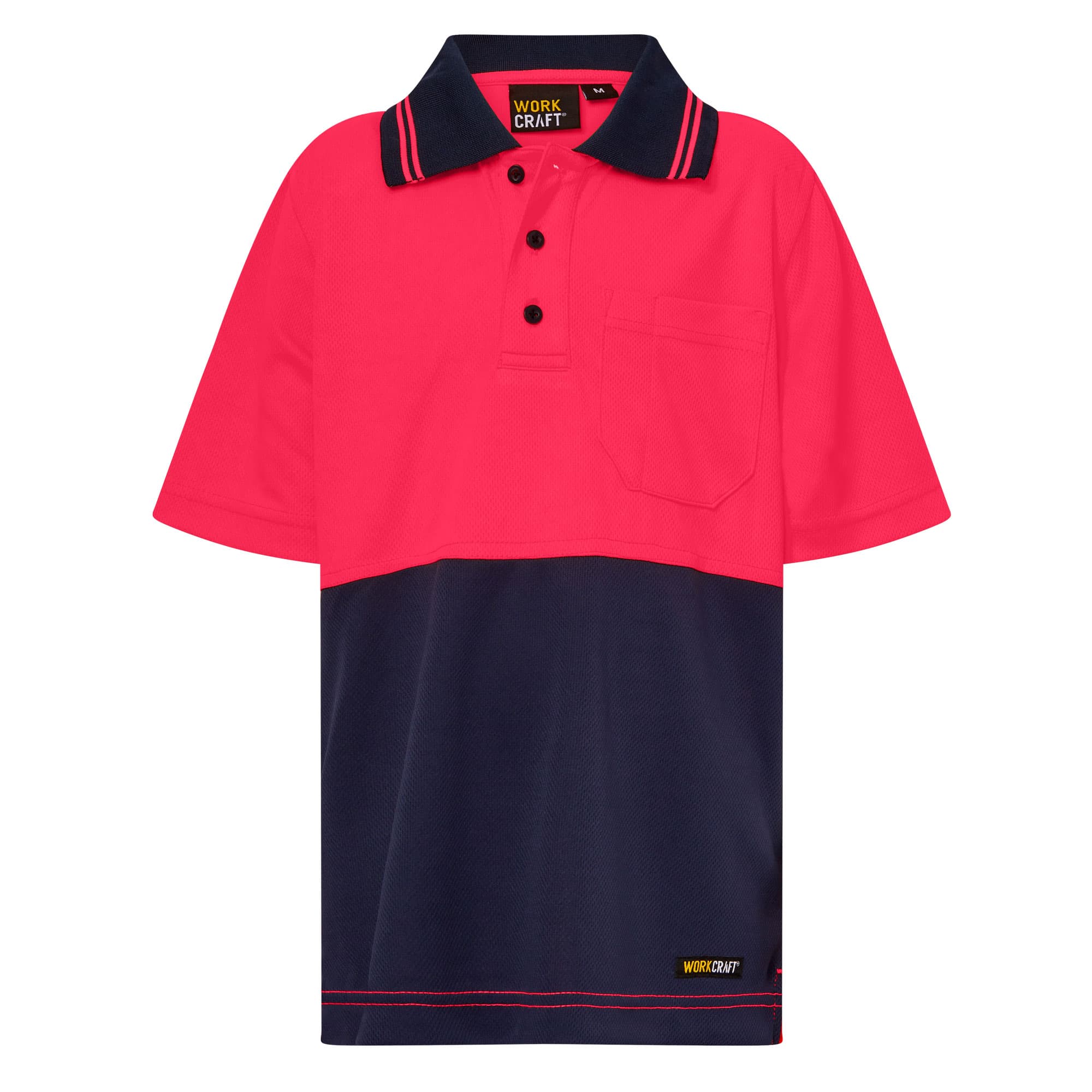 Workcraft Kids Hi Vis Short Sleeve Micromesh Polo With Pocket (Navy/Pink)