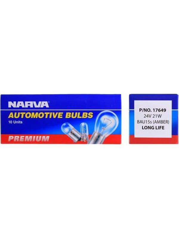 Narva Premium Long Life BAU15S, Amber, 24V, 21W (17649) - Pack of 10