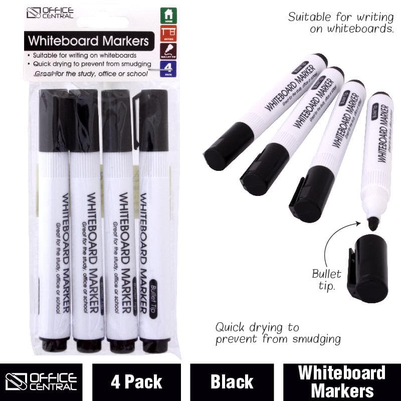 Office Central EasyWipe Whiteboard Markers (Pack of 4) - Black
