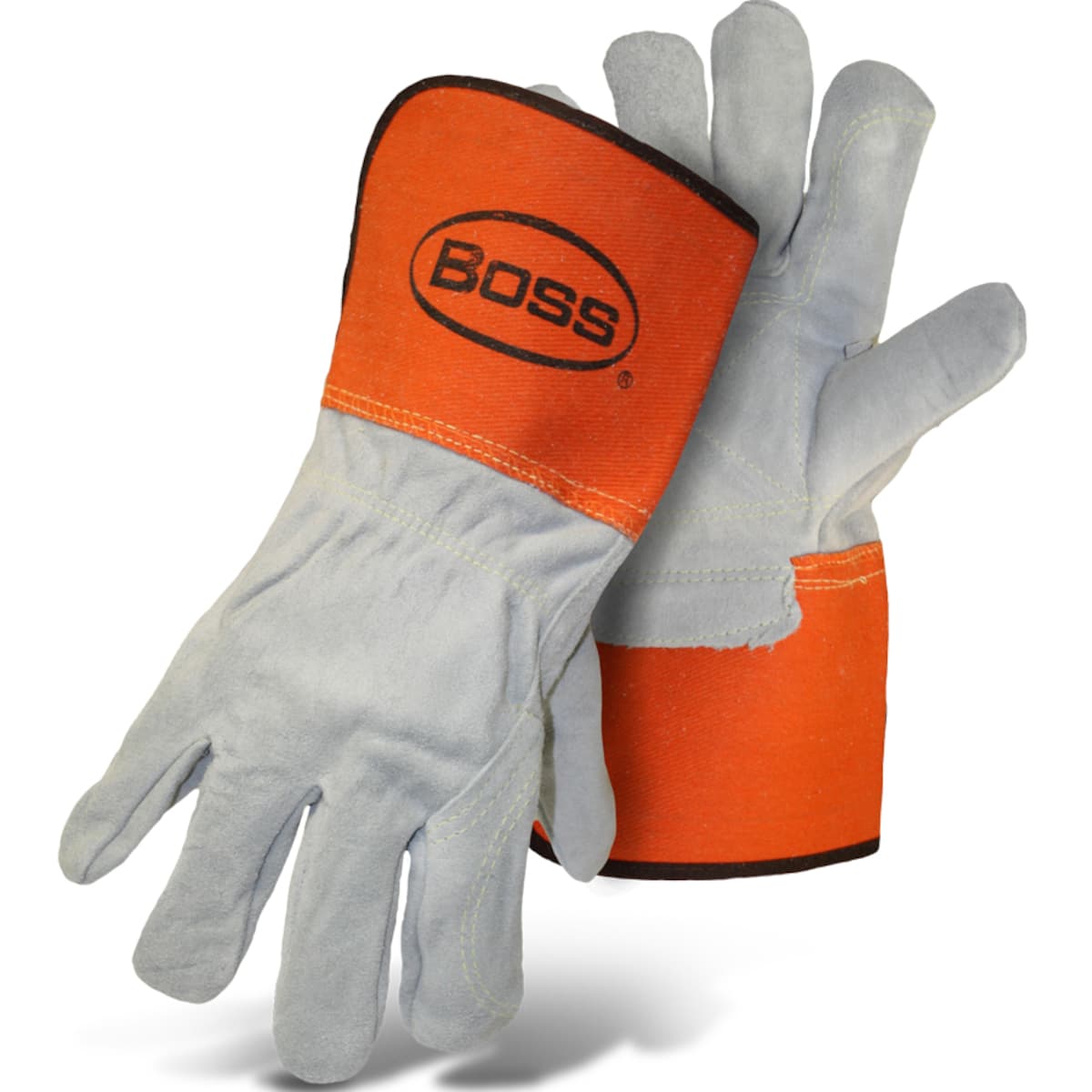 Premium Grade Split Cowhide Leather Double Palm Glove with Full Leather Back and Aramid Stitching - Rubberized Gauntlet Cuff, Orange (1JL2396) - L