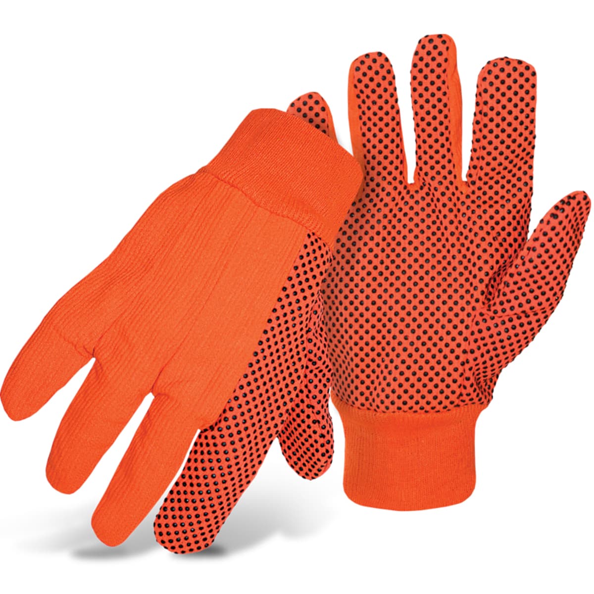 Fluorescent Corded Canvas Glove with PVC Dotted Grip on Palm, Thumb and Index Finger - 10 oz. Single Palm, Hi-Vis Orange (1JP5010F) - L