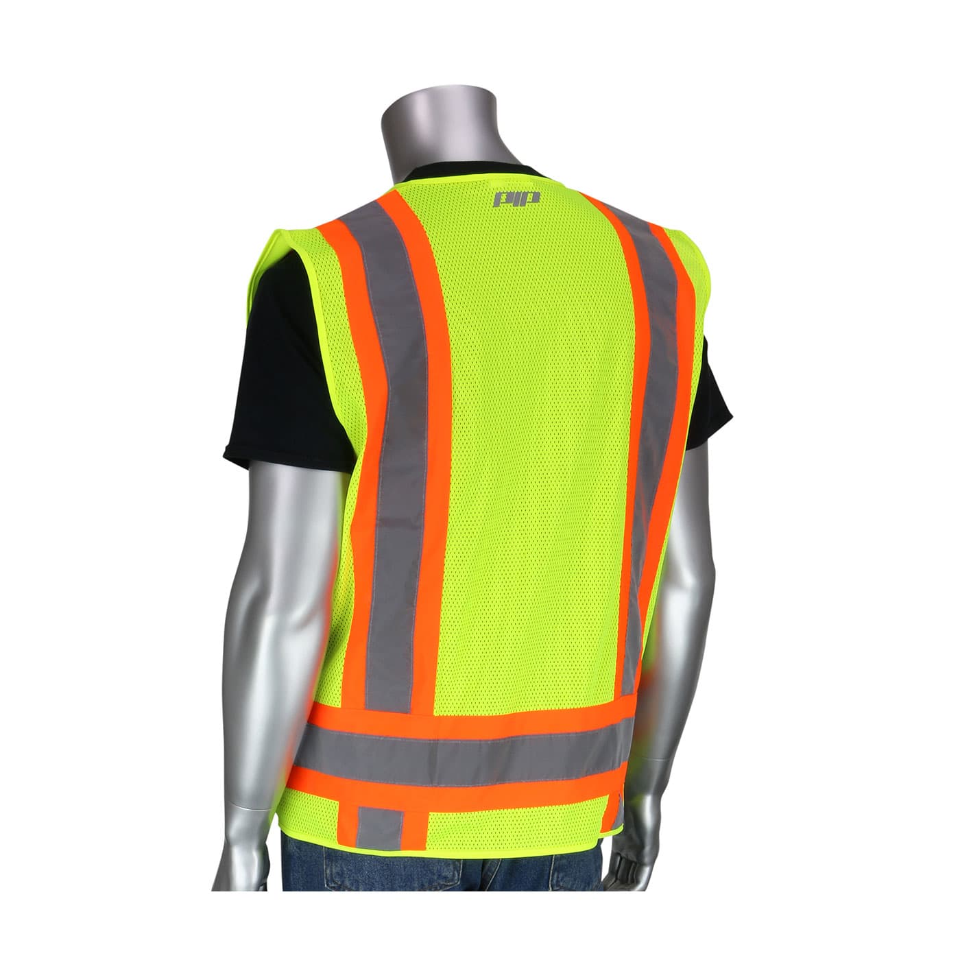 Class 2 Solid/Mesh Vest, Zipper, 8 Pockets, Mic Tab, Two Tone Tape, Ly