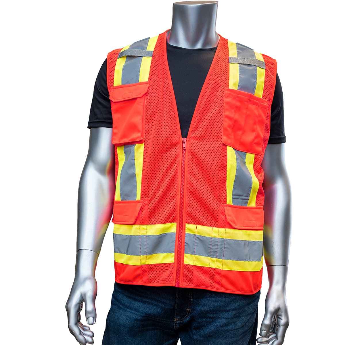 Class 2 Mesh Vest, Zipper, 11 Pockets, Mic Tab, Two Tone Tape, Rd