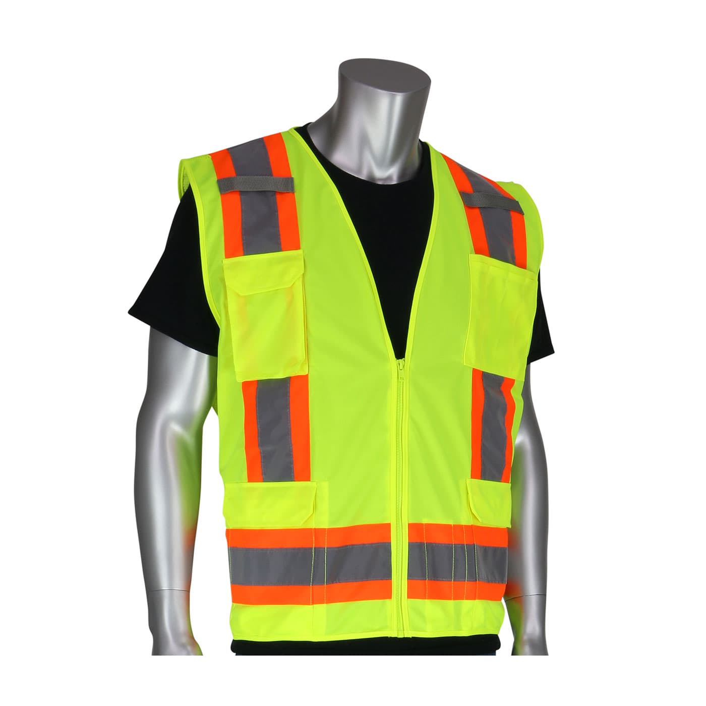 Class 2 Solid Vest, Zipper, 8 Pockets, Mic Tab, Two Tone Tape, Ly