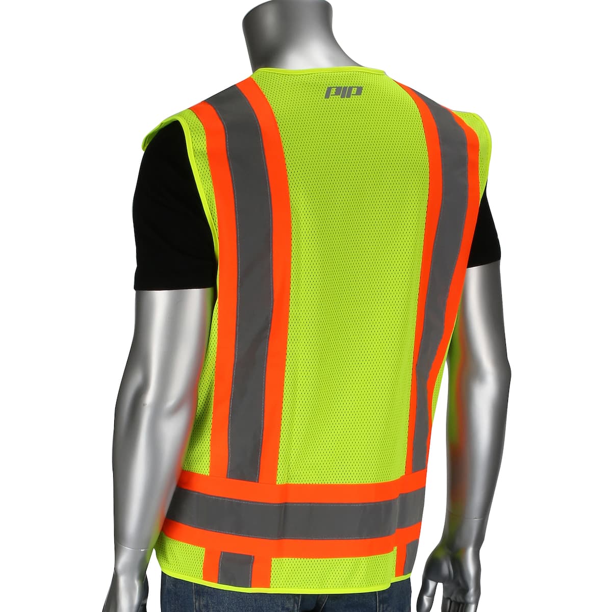 Class 2 Solid/Mesh Vest, Zipper, 8 Pockets, Mic Tab, Two Tone Tape
