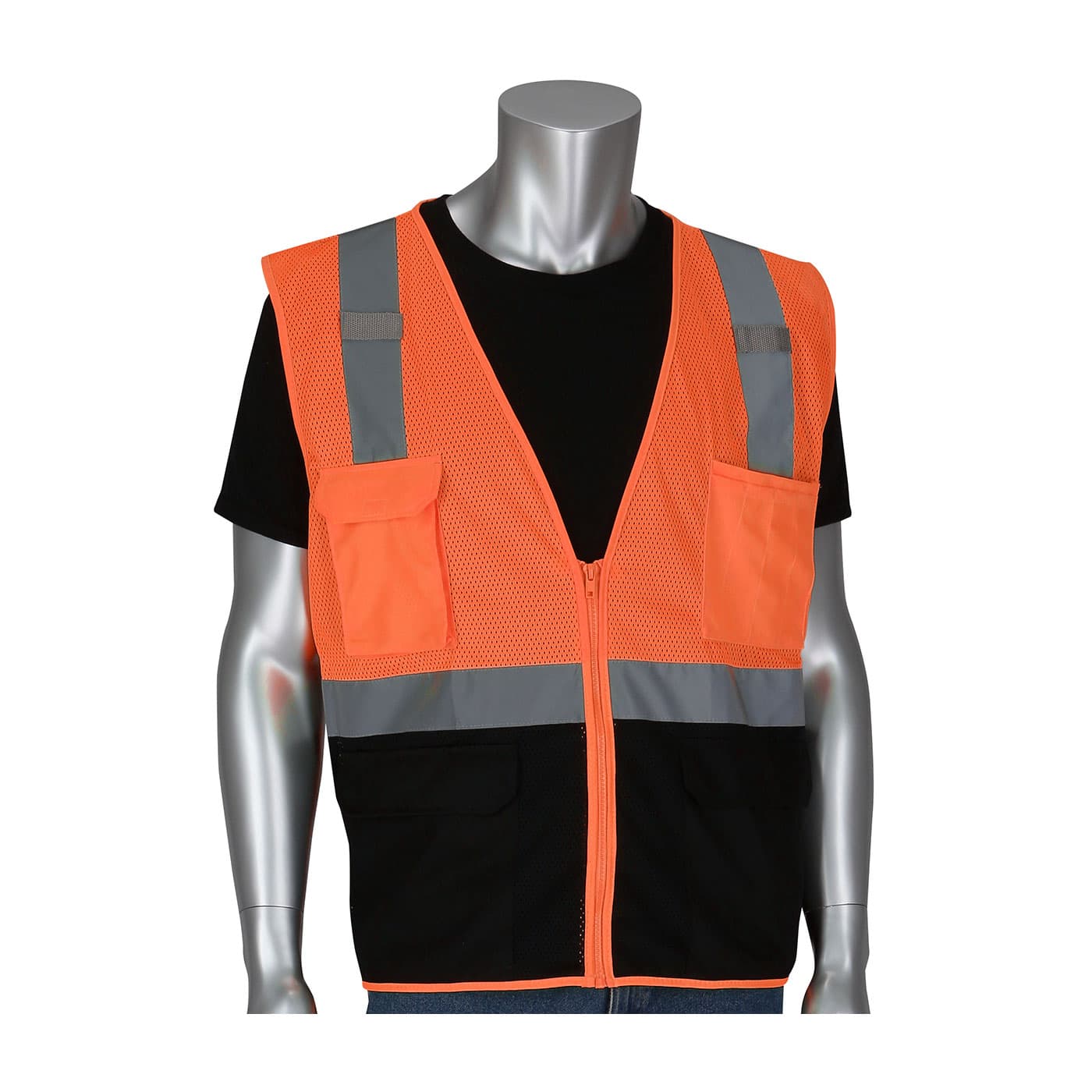 Type R Class 2 Black Bottom Mesh 5 Pocket Vest, Mic Tabs, Zipper, Ly