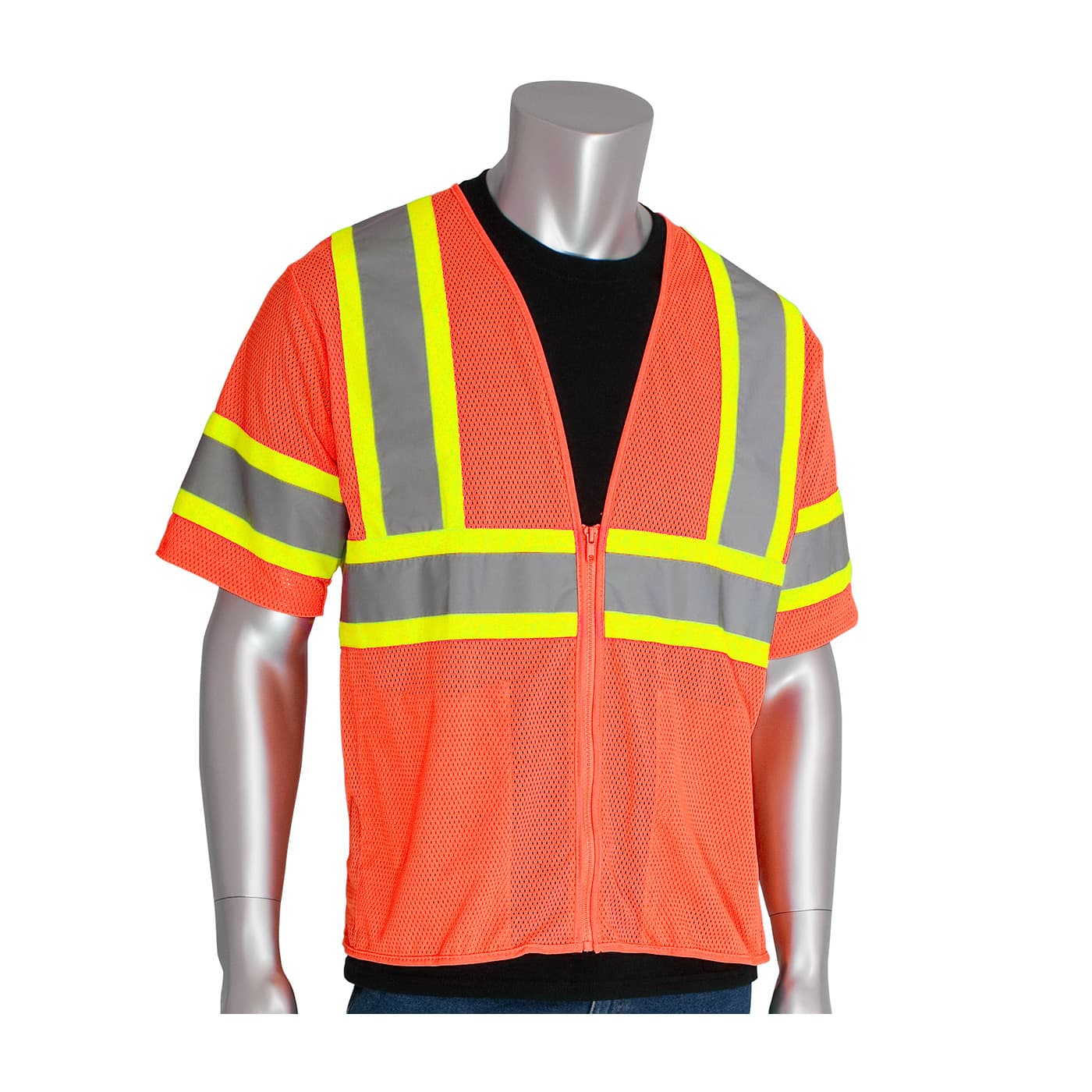 Class 3 Mesh Vest, 2 Pockets, Zipper Closure, Two Tone Tape, Or