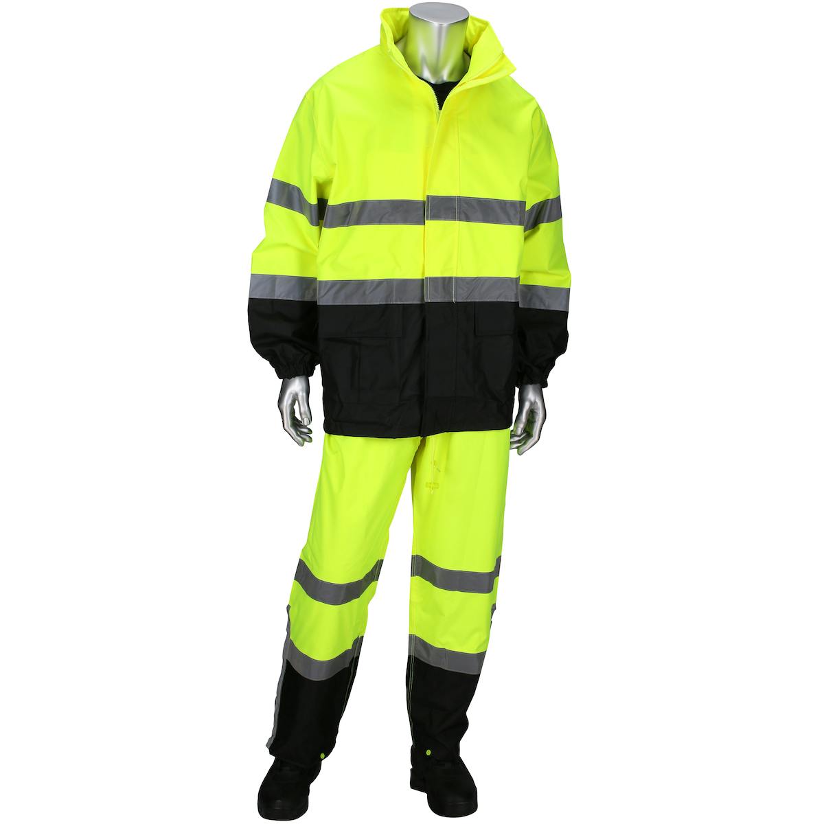 ANSI Type R Class 3 Two-Piece Rain Suit with Black Bottom, Hi-Vis Yellow (4530)