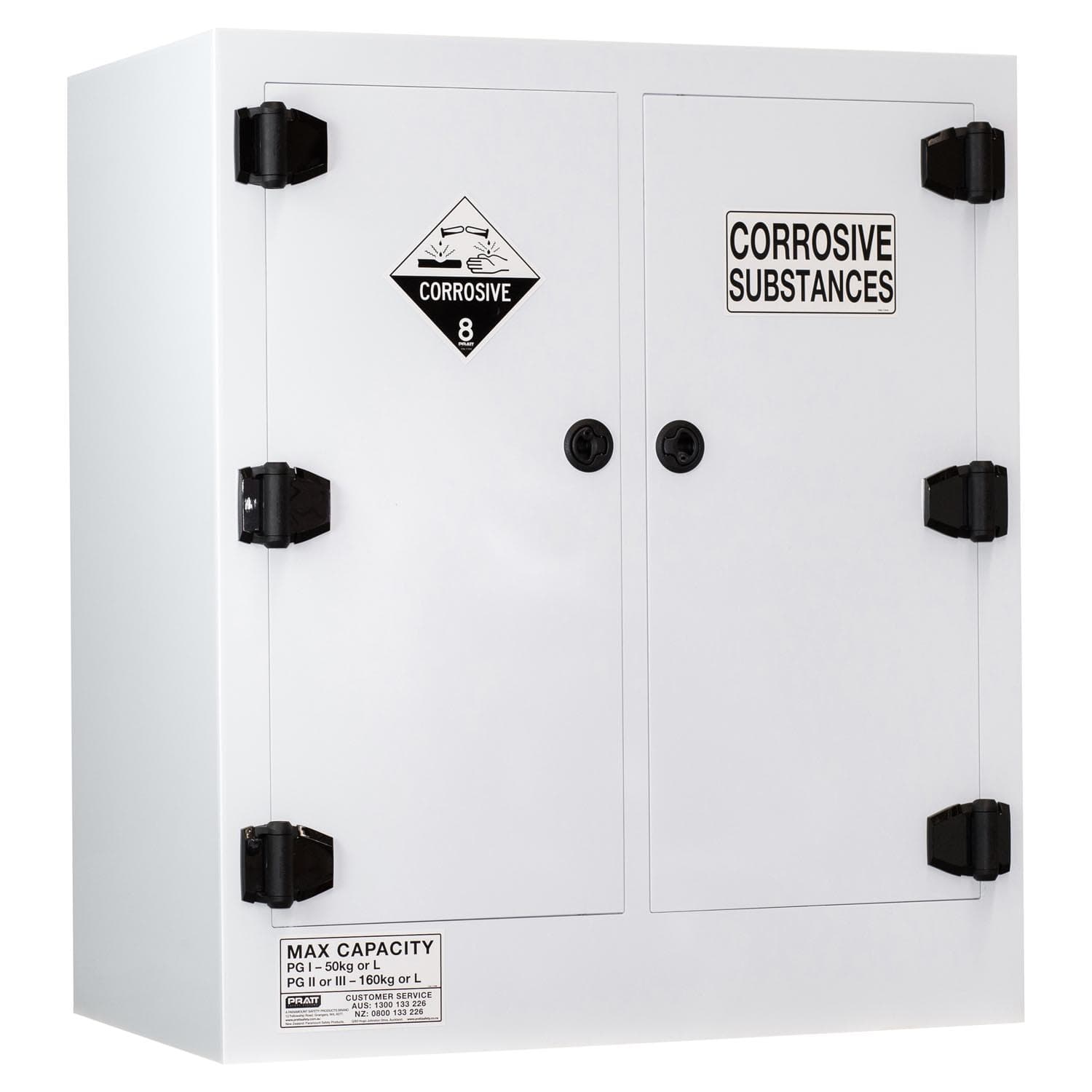 Pratt Corrosive Substance Storage Cabinet: Polypropylene - 160L - 2 Doors - 4 Shelves