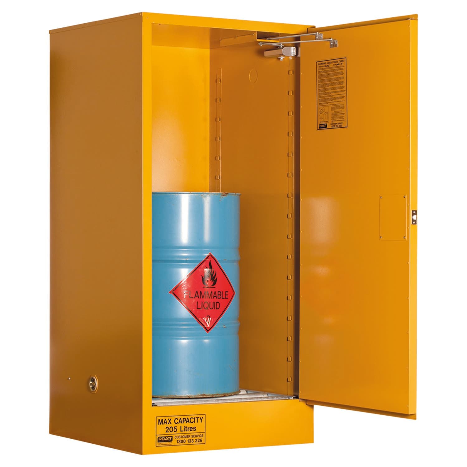 Pratt Flammable Storage Cabinet 205L - 1 Door, Roller Set Shelf_1