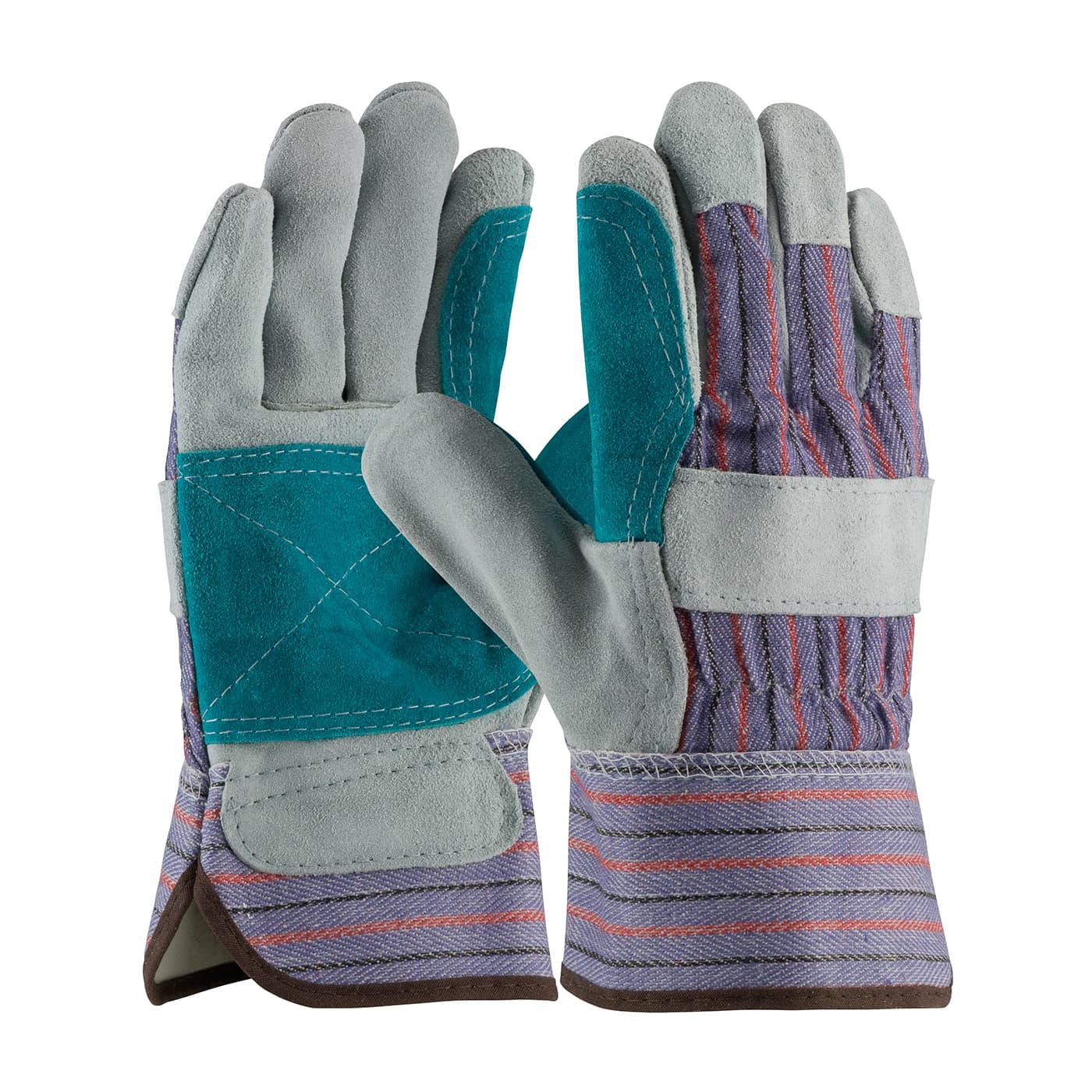 Select Grade Split Cowhide Leather Double Palm Glove with Fabric Back - Rubberized Safety Cuff, Blue (84-7533J) - MENS