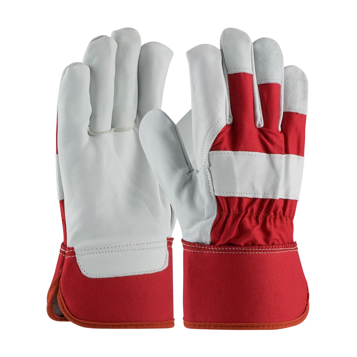 Top Grain Goatskin Leather Palm Glove with Fabric Back - Rubberized Safety Cuff, Red (87-1944) - L