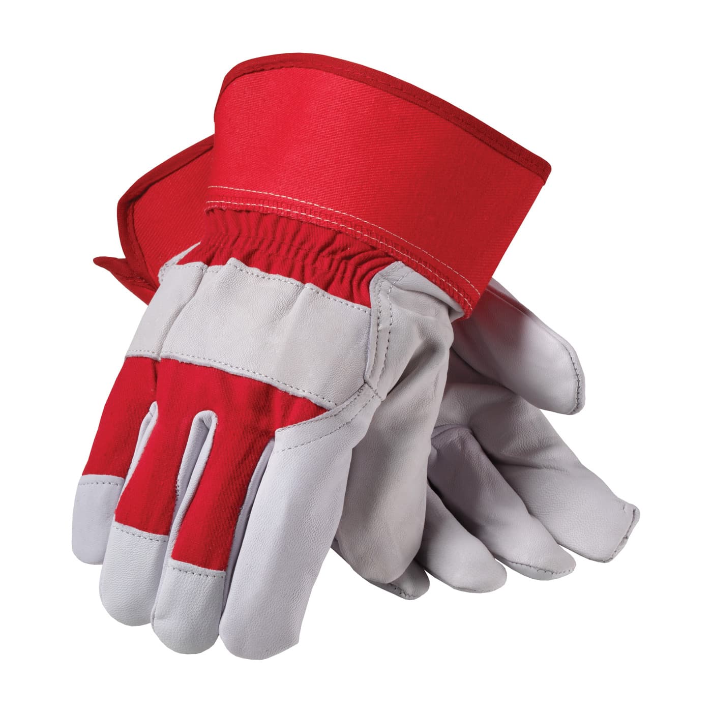 Top Grain Goatskin Leather Palm Glove with Fabric Back - Rubberized Safety Cuff, Red (87-1944) - L_1