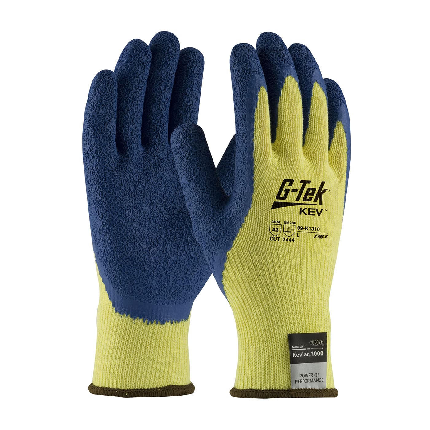 G-Tek Kev, 100% Kevlar Yellw Shell, Blue Latex Crinkle Grip, Vend Pack