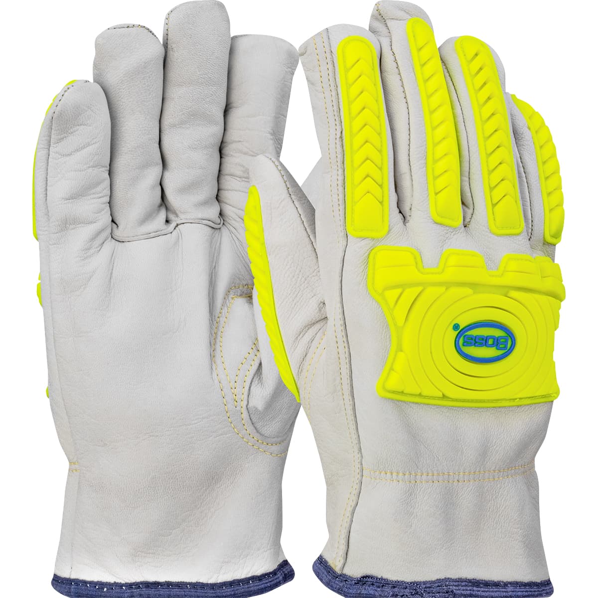 Boss Economy Top Grain Goatskin Leather Drivers Glove with HPPE Blend Lining and Hi-Vis Impact Protection (09-LC571MP)