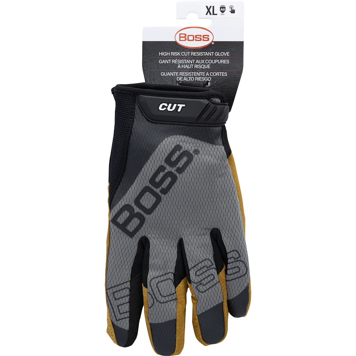 Boss Cut Style, Gray Mesh Back, Pigskin Palm, A5 Cut Liner, Touchscreen, H&L