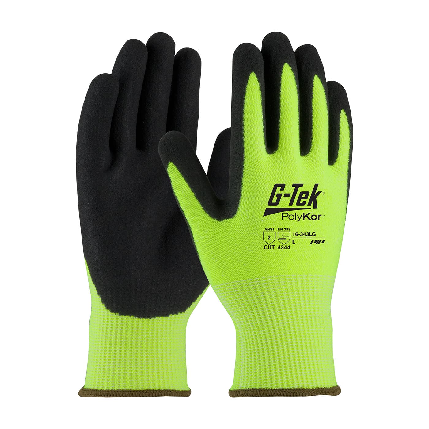 G-Tek PolyKor Hi-Vis Seamless Knit PolyKor Blended Glove with Double-Dipped Nitrile Coated MicroSurface Grip on Palm & Fingers (16-343LG)