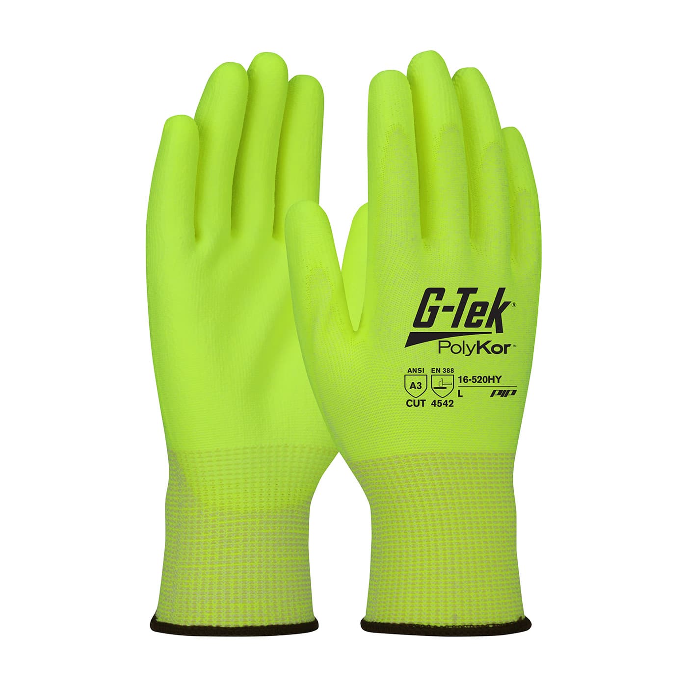 G-Tek PolyKor Hi-Vis Seamless Knit PolyKor Blended Glove with Polyurethane Coated Flat Grip on Palm & Fingers (16-520HY)