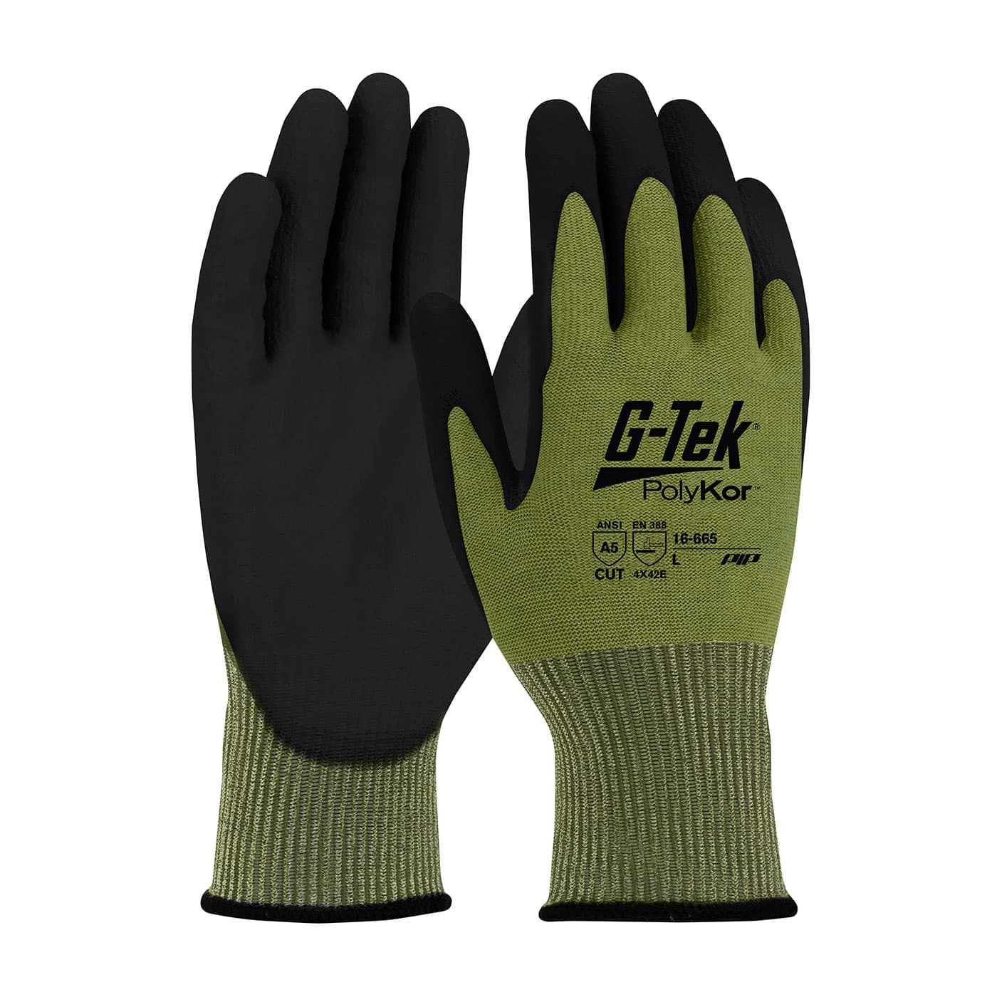 G-Tek Polykor, Green 13Gauge Shell, Black Polyurethane Grip, A5