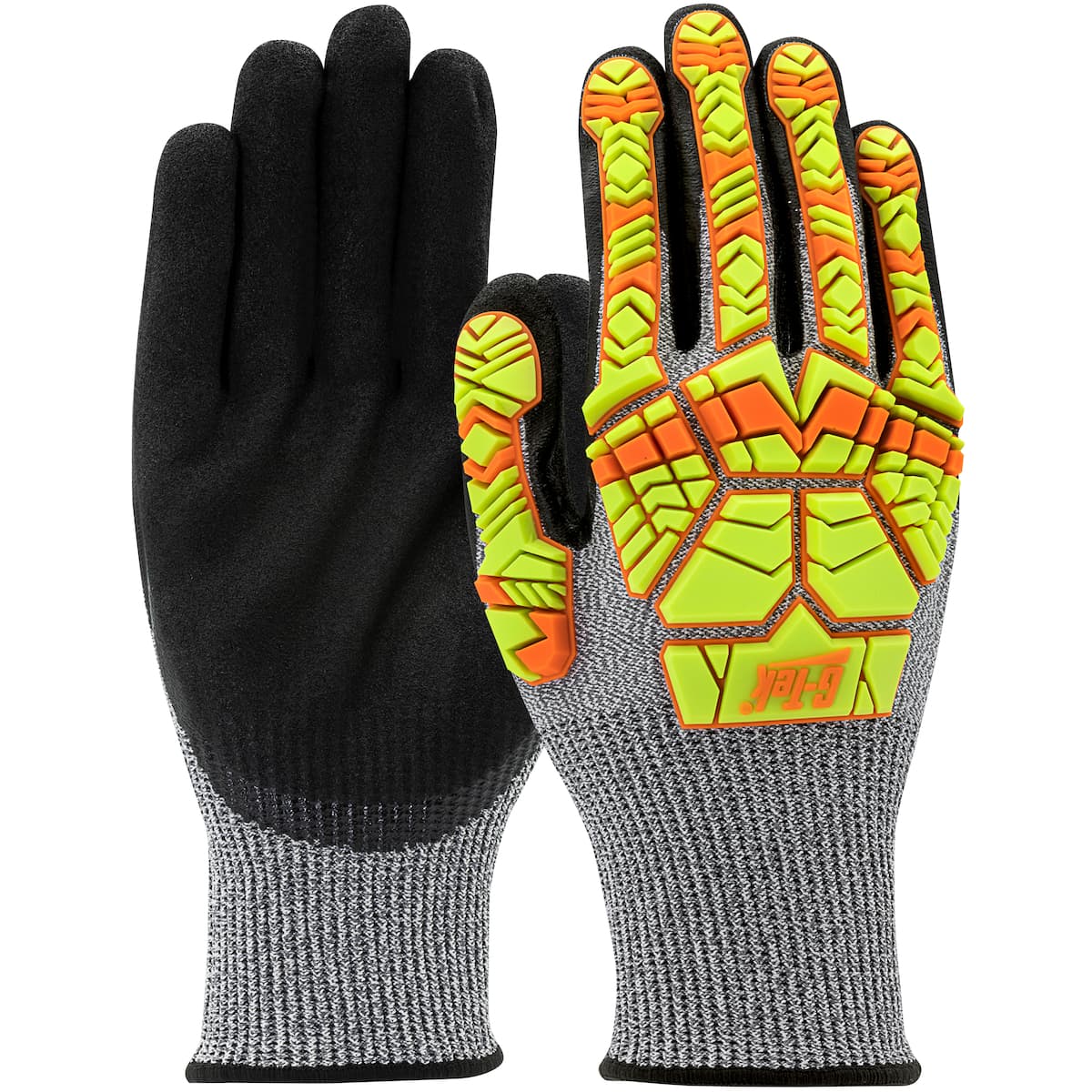 G-Tek PolyKor Seamless Knit PolyKor Blended Glove with Hi-Vis Impact Protection and Double-Dip Nitrile MicroSurface Grip on Palm & Fingers (16-MPH430HV)