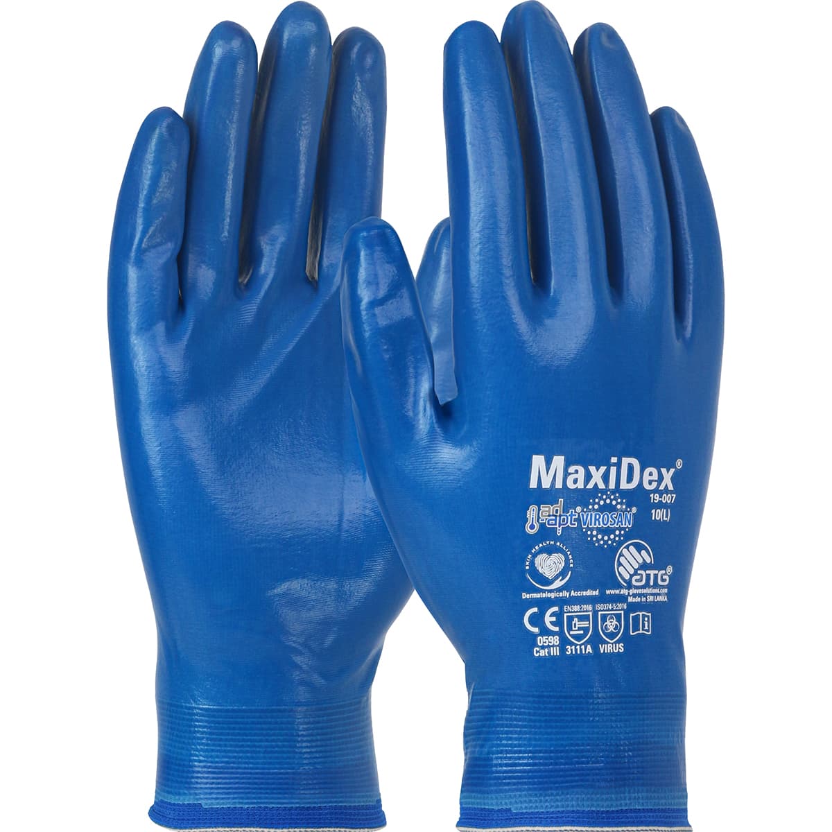 MaxiDex Seamless Knit Nylon Glove with Nitrile Coating and ViroSan Technology on Full Hand - Touchscreen Compatible (19-007)