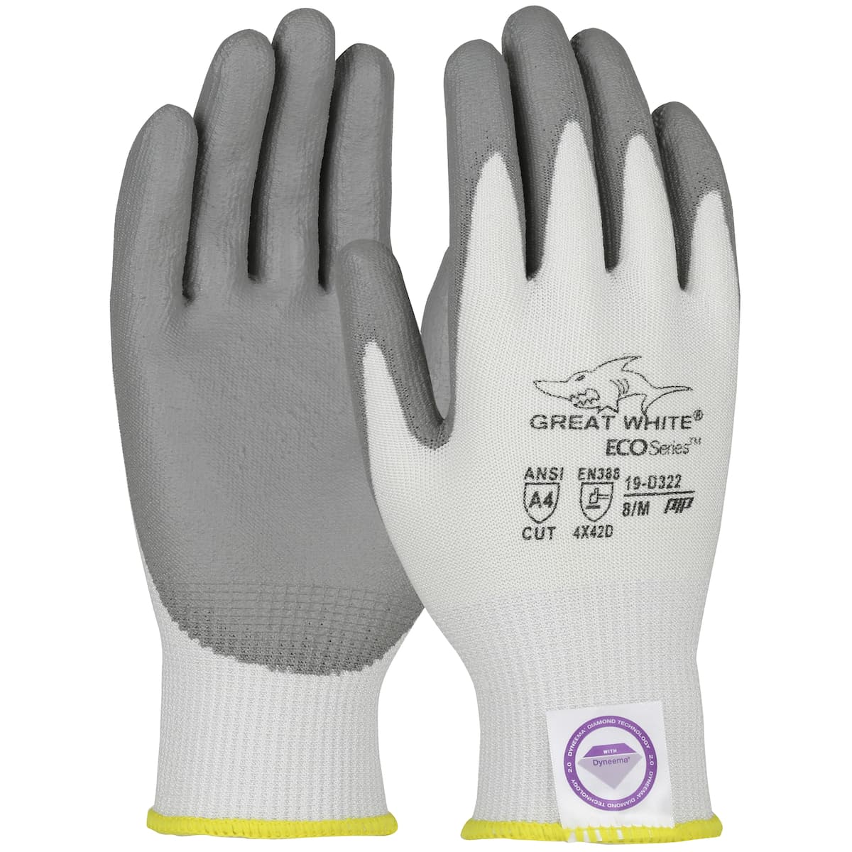 Great White ECO Series Seamless Knit Dyneema Diamond 2.0 Blended Glove with Polyurethane Coated Flat Grip on Palm & Fingers - Vend-Ready (19-D322V)