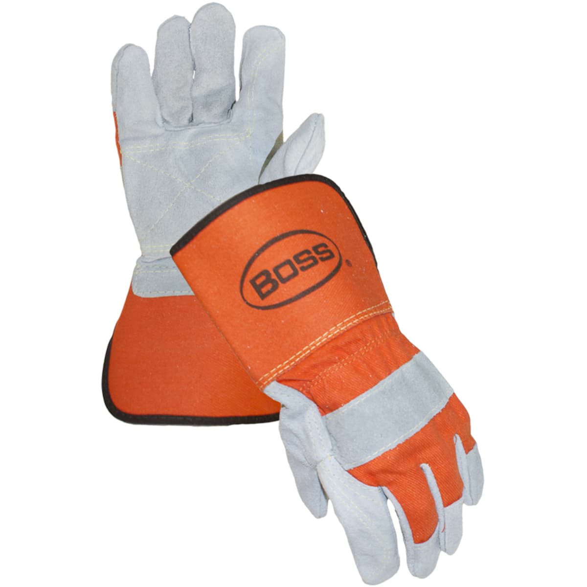Boss Premium Grade Split Cowhide Leather Double Palm Glove with Fabric Back and Aramid Stitching - Rubberized Gauntlet Cuff (1JL2394)