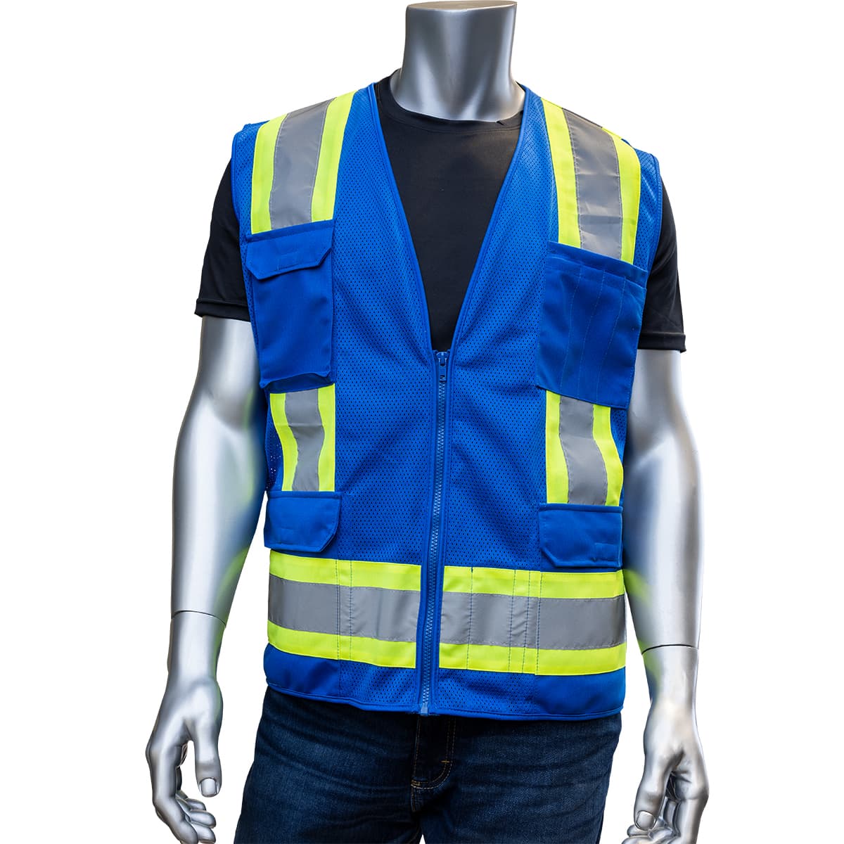 Class 1 Mesh Vest, Zipper, 11 Pockets, Mic Tab, Two Tone Tape, Bk