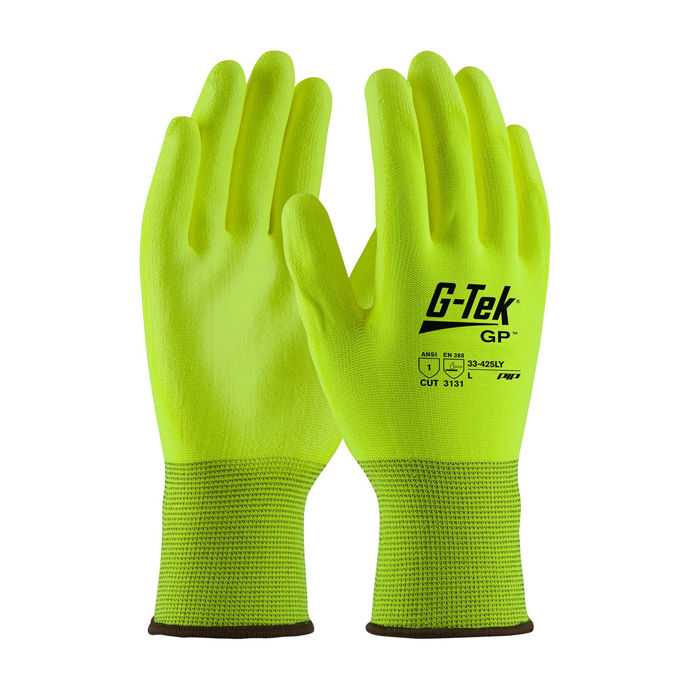 G-Tek Hi-Vis Seamless Knit Polyester Glove with Polyurethane Coated Flat Grip on Palm & Fingers (33-425LY)