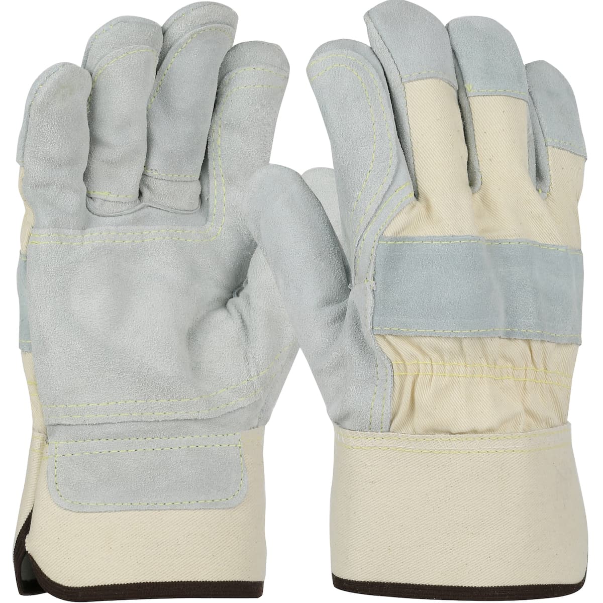 PIP Premium Grade Split Cowhide Leather Double Palm Plus with Canvas Back - Rubberized Safety Cuff (500DP-AA)