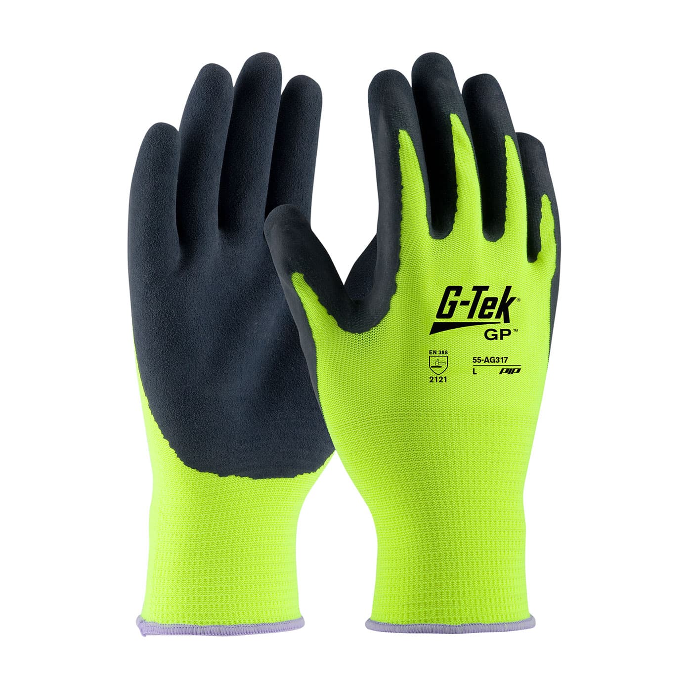 G-Tek Hi-Vis Seamless Knit Polyester Glove with Latex Coated MicroSurface Grip on Palm & Fingers (55-AG317)