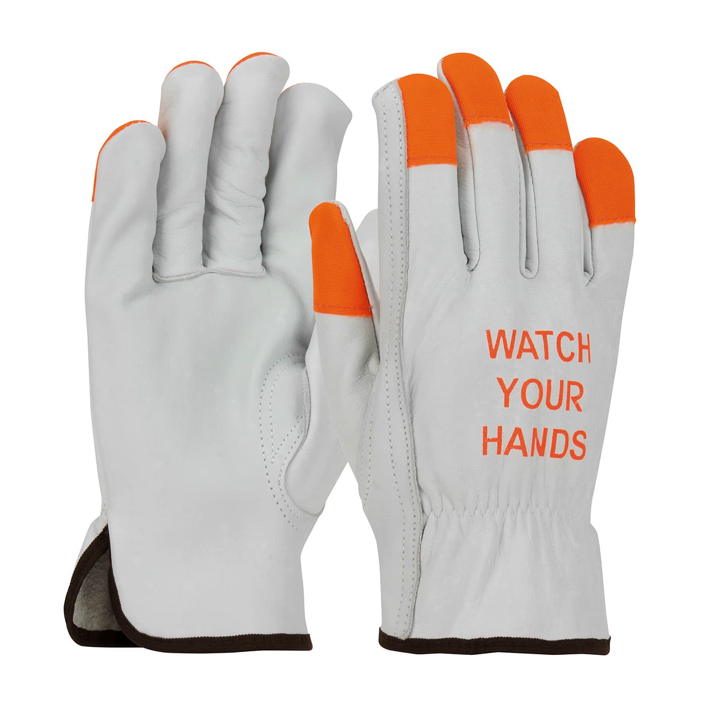 PIP Economy Grade Top Grain Cowhide Leather Drivers Glove with Hi-Vis Fingertips and  inchWATCH YOUR HANDS inch Logo - Keystone Thumb (68-162HV)