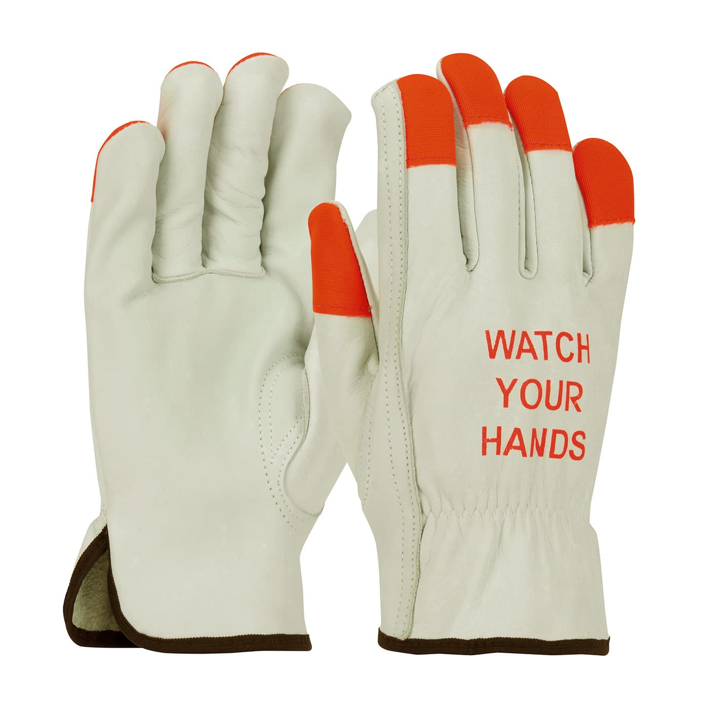 PIP Superior Grade Top Grain Cowhide Leather Drivers Glove with Hi-Vis Fingertips and  inchWATCH YOUR HANDS inch Logo - Keystone Thumb (68-165HV)