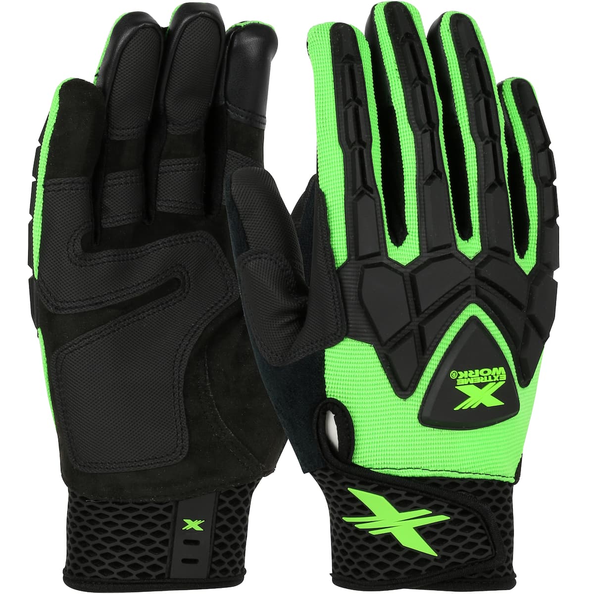 Extreme Work® Strike ProteX™ ToughX Suede Palm with Hi-Vis Green Fabric Back and TPR Impact Protection - XLock Cuff (89306)