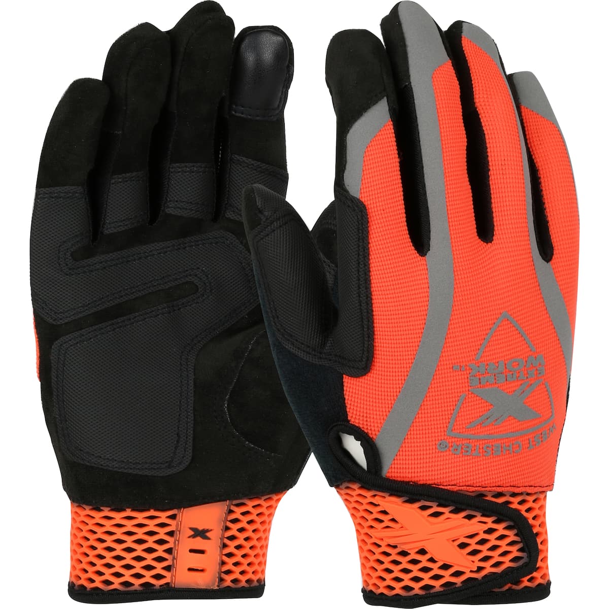 Extreme Work VizX ToughX Suede Palm with Hi-Vis Orange Fabric Back and Touchscreen Index Finger - Hook & Loop Closure (89308OR)
