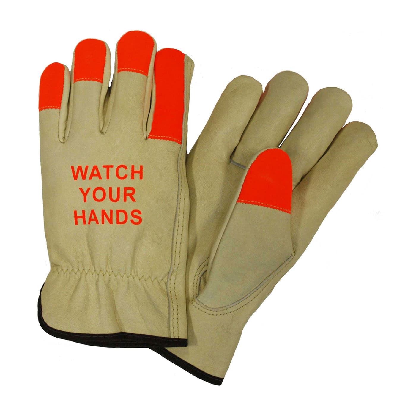 PIP Regular Grade Top Grain Cowhide Leather Drivers Glove with Hi-Vis Fingertips and  inchWATCH YOUR HANDS inch Logo - Keystone Thumb (990KOT)