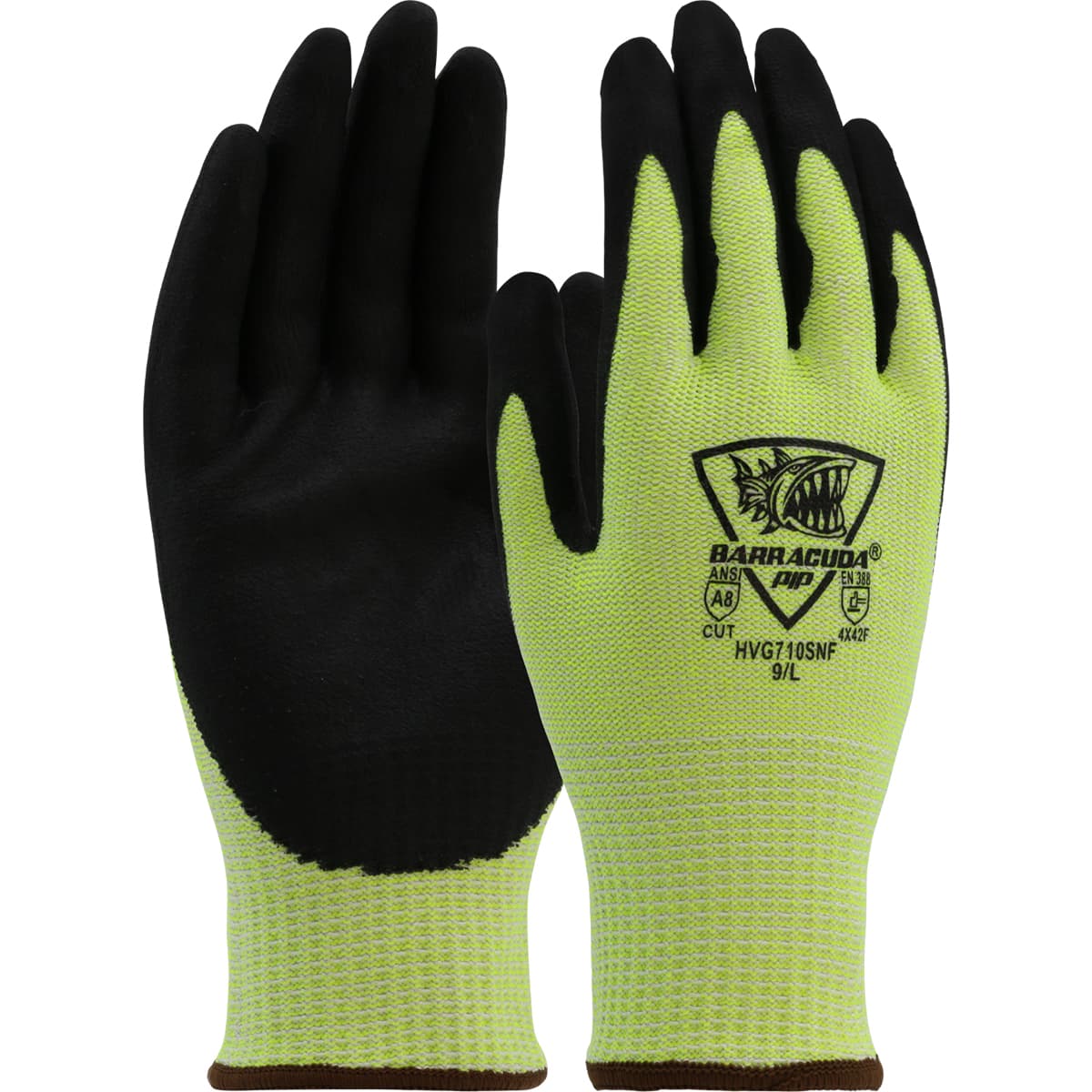 Barracuda Cut Force Hi-Vis Seamless Knit Polykor Blended Glove with Nitrile Coated Foam Grip on Palm & Fingers (HVG710SNF)