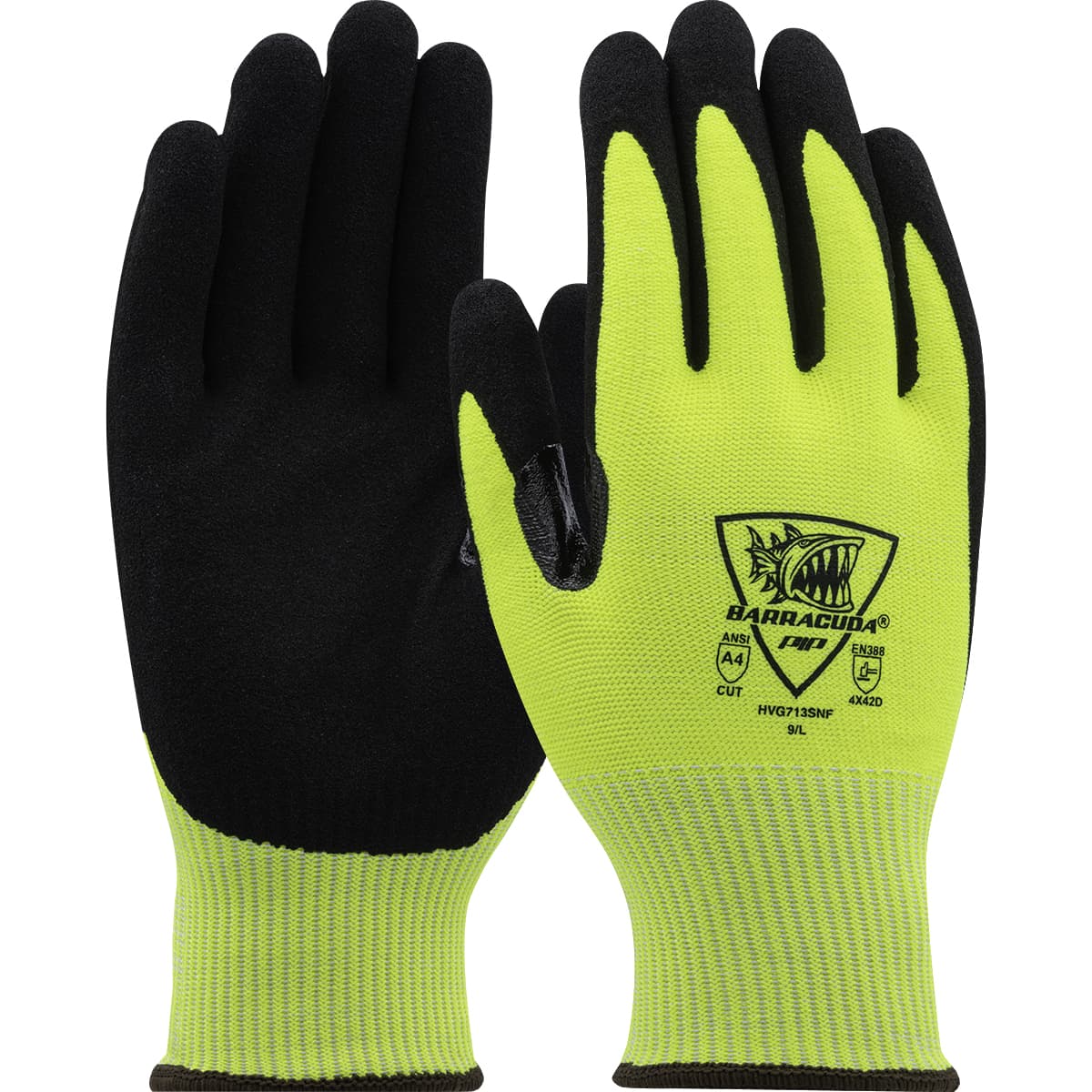 Barracuda Hi-Vis Seamless Knit PolyKor Blended Glove with Nitrile Coated Sandy Grip on Palm & Fingers - Touchscreen Compatible (HVG713SNF)