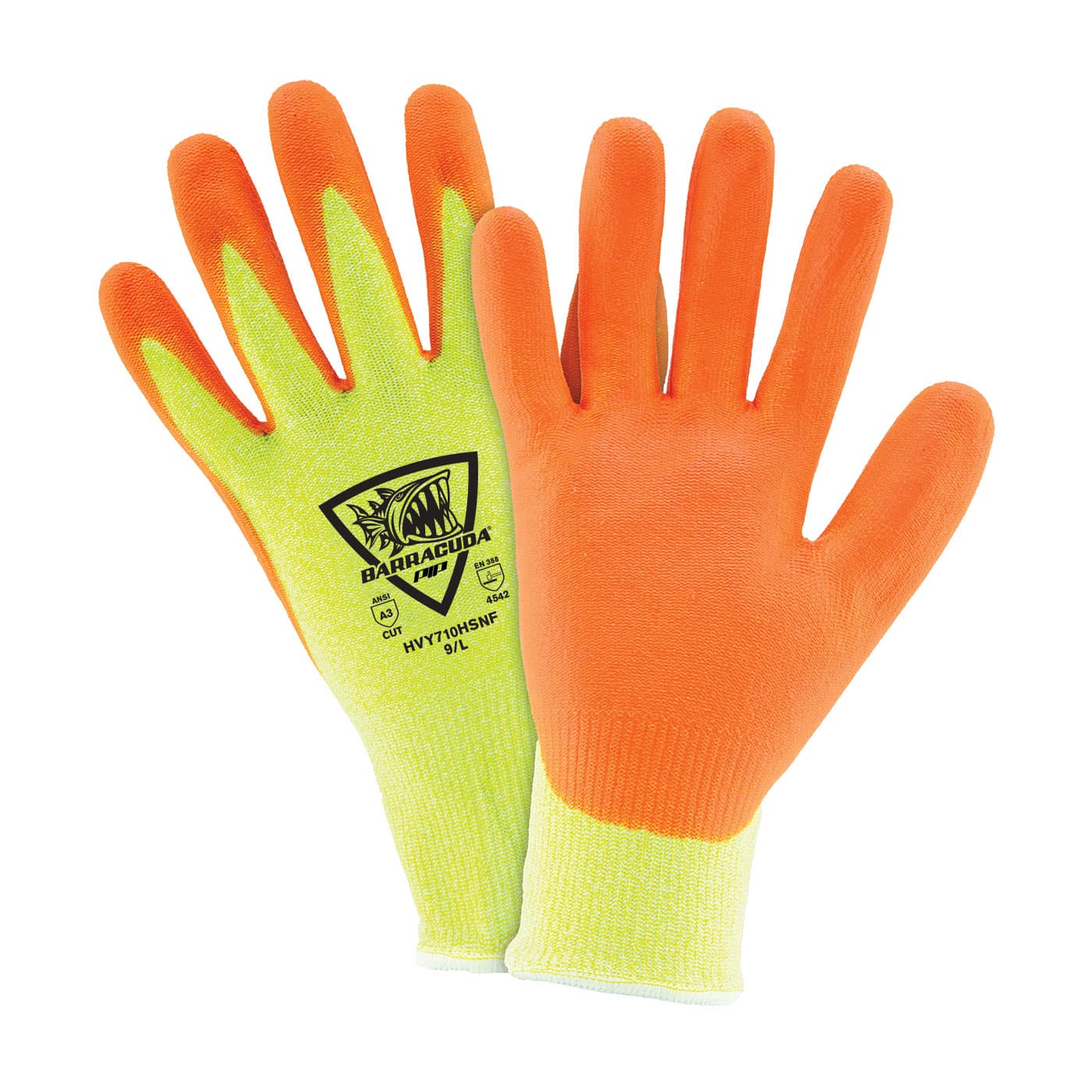 Barracuda Hi-Vis Seamless Knit Polykor Blended Glove with Nitrile Coated Foam Grip on Palm & Fingers (HVY710HSNF)