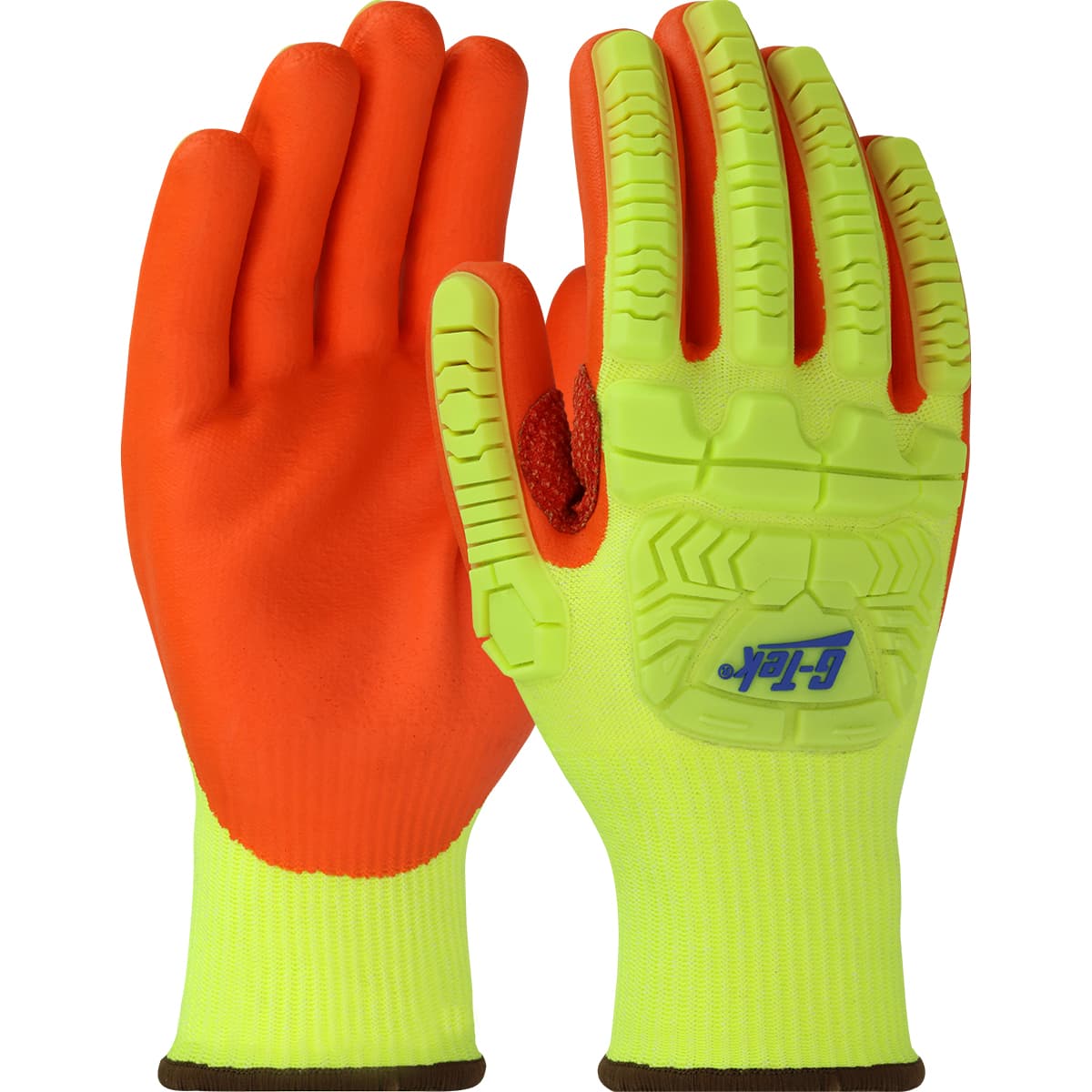 G-Tek PolyKor Seamless Knit Polykor Blended Glove with Hi-Vis Impact Protection and Nitrile Foam Coated Palm & Fingers (HVY710HSNFB)