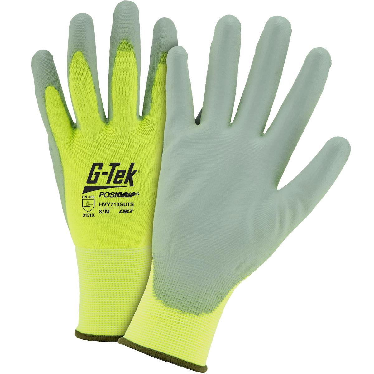 G-Tek® PosiGrip® Hi-Vis Seamless Knit Polyester Glove with Polyurethane Coated Flat Grip on Palm & Fingers - Touchscreen (HVY713SUTS)