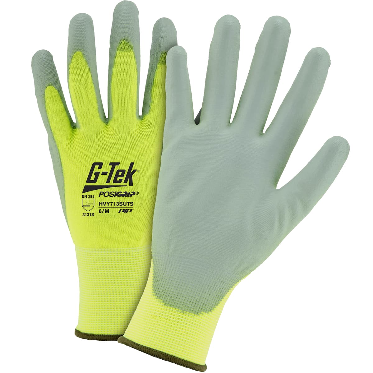 G-Tek PosiGrip Hi-Vis Seamless Knit Polyester Glove with Polyurethane Coated Flat Grip on Palm & Fingers - Touchscreen (HVY713SUTS)