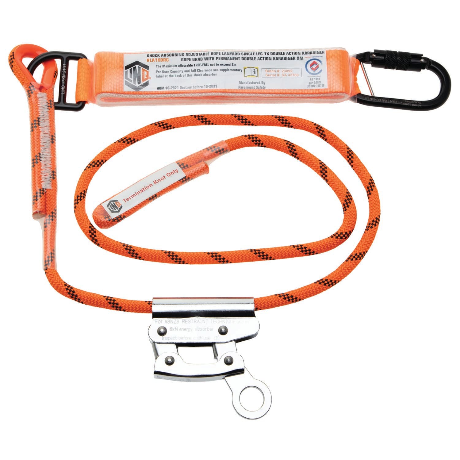 LINQ Single Leg 2M Shock Absorb Adjustable Rope Lanyard With Rope Grab