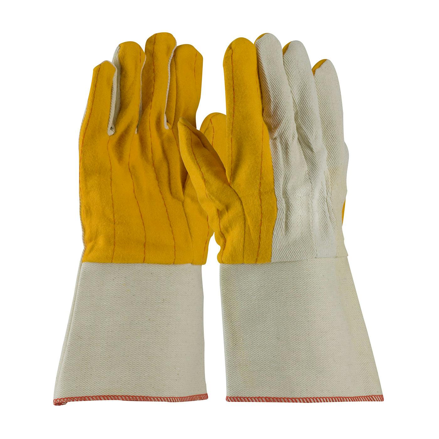 Cotton Chore Glove with Double Layer Palm, Canvas Back and Nap-out Finish - Rubberized Gauntlet Cuff, Natural (M18G) - L